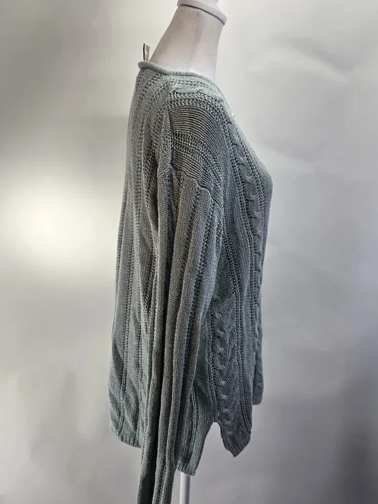 Worthington Sage Green V-Neck Cable Knit Sweater with Button Detail. 60% Silk - Picture 3 of 11